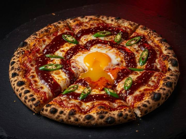 Spicy gochujang pizza with a runny egg yolk, sesame and green chili